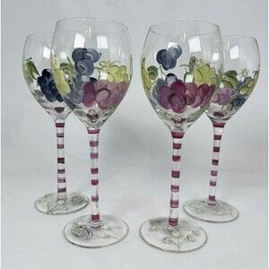 Vtg Home Essentials & Beyond Vineyard Hand Painted Grapes Wine Glasses Set Of 4